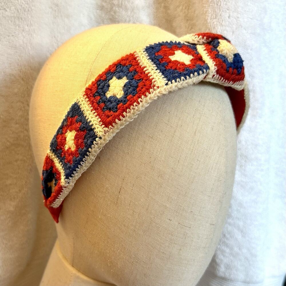 Vintage Headband Crochet Over Plastic Patriotic Granny Squares Boho Retro Chic